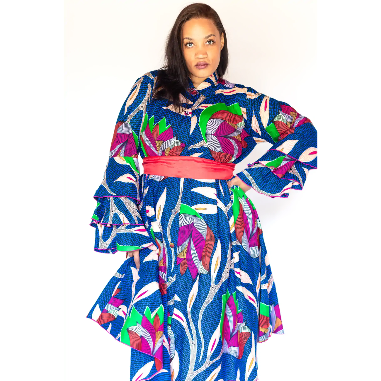Blue Floral Tunic Dress with Red Silk Belt
