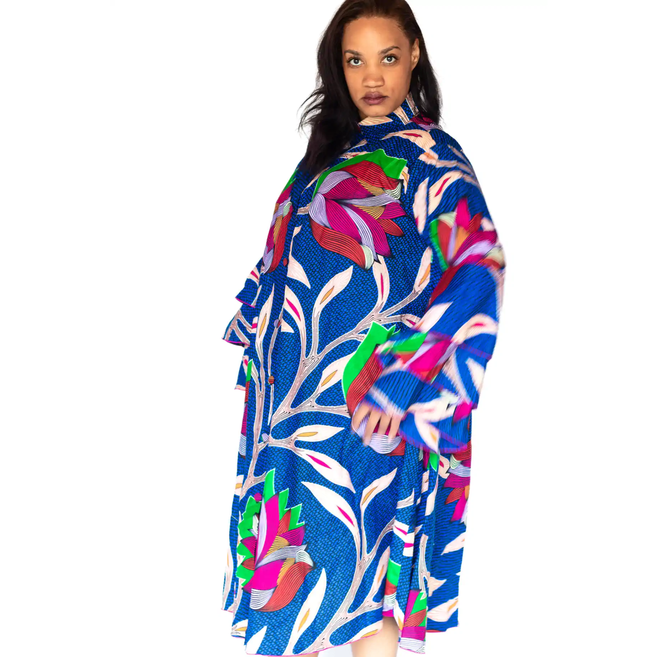 Blue Floral Tunic Dress with Red Silk Belt - Image 3