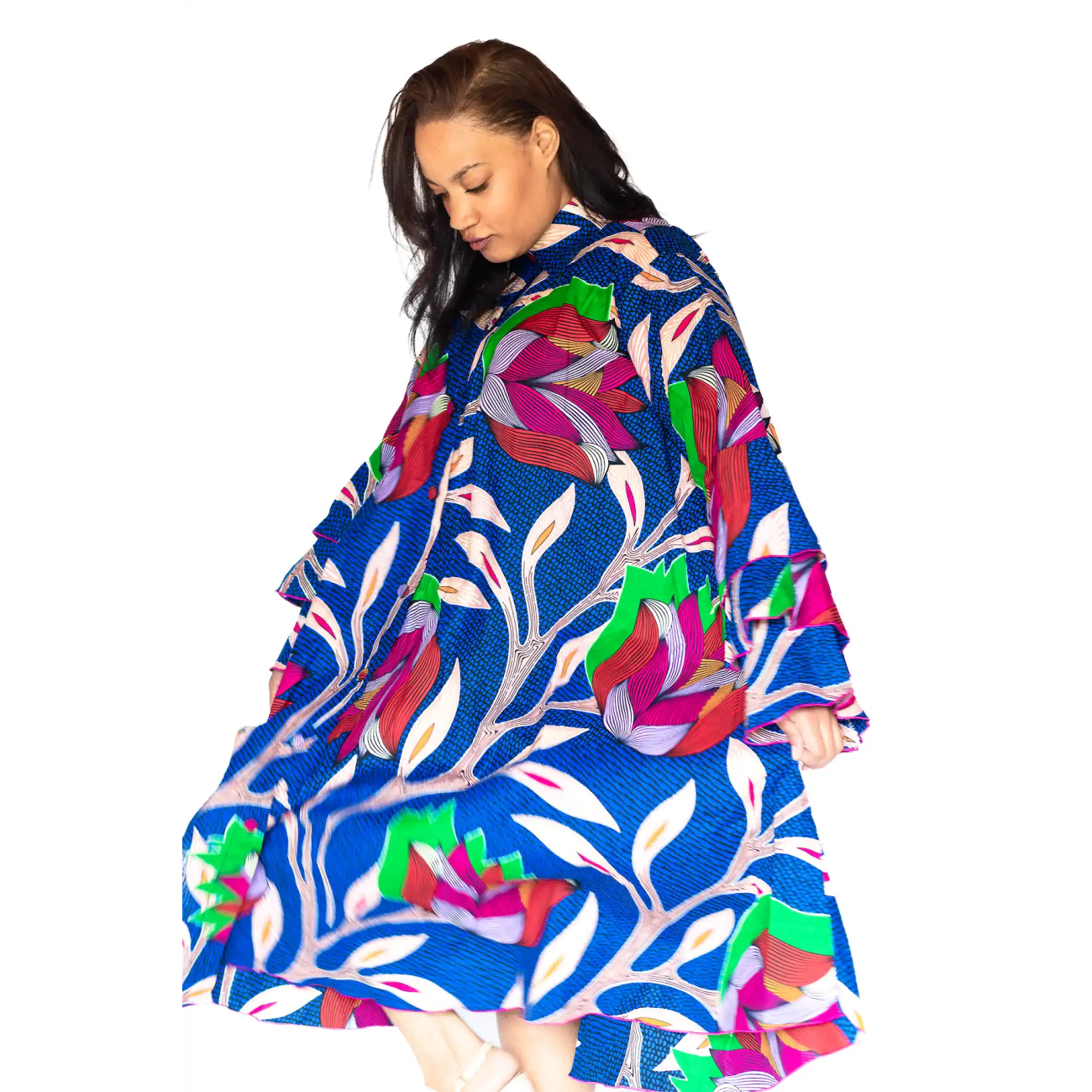 Blue Floral Tunic Dress with Red Silk Belt - Image 4