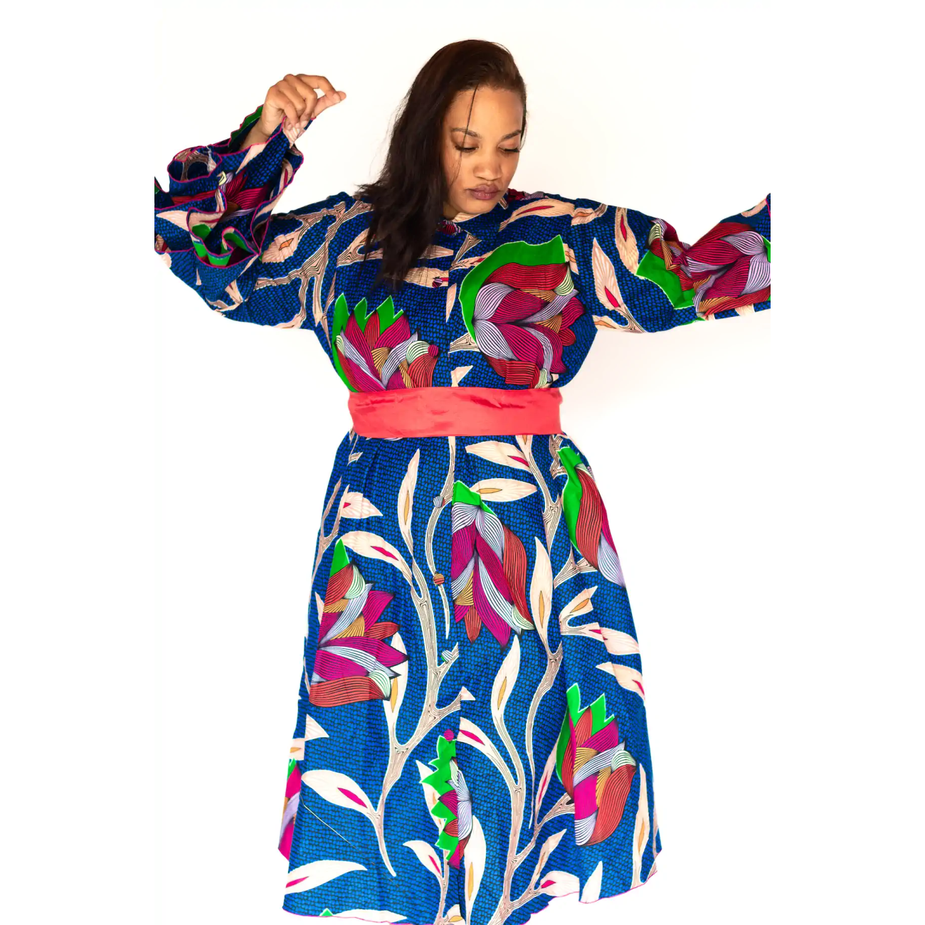 Blue Floral Tunic Dress with Red Silk Belt - Image 2